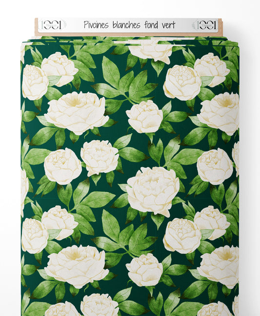 Tissu - Pivoines blanches sur fond vert