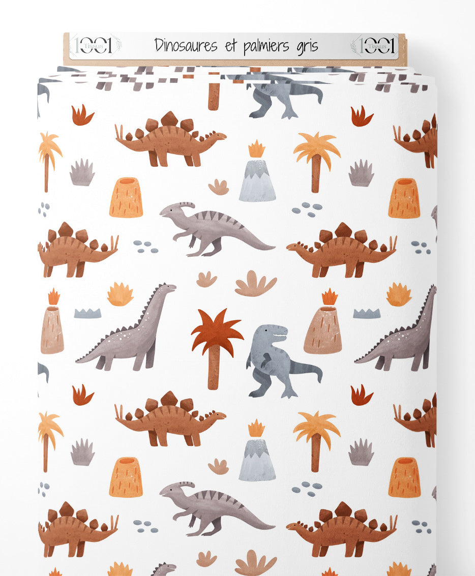 Tissu - Dinosaures et palmiers gris