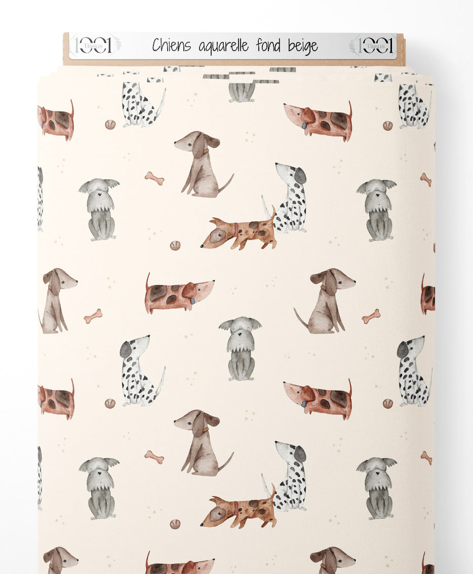 Tissu - Chiens aquarelle fond beige