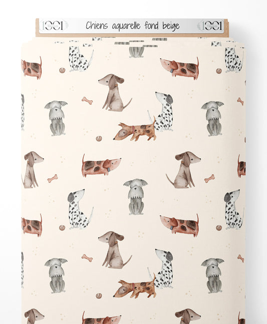 Tissu - Chiens aquarelle fond beige