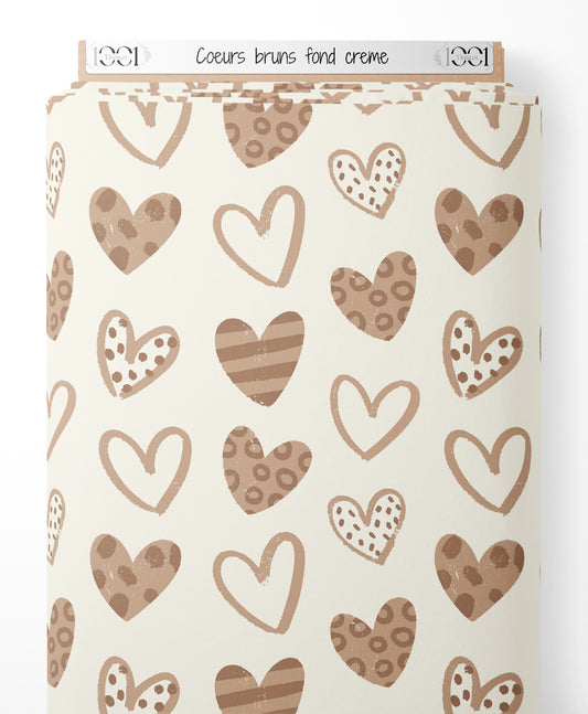 Tissu - Cœurs bruns sur fond crème