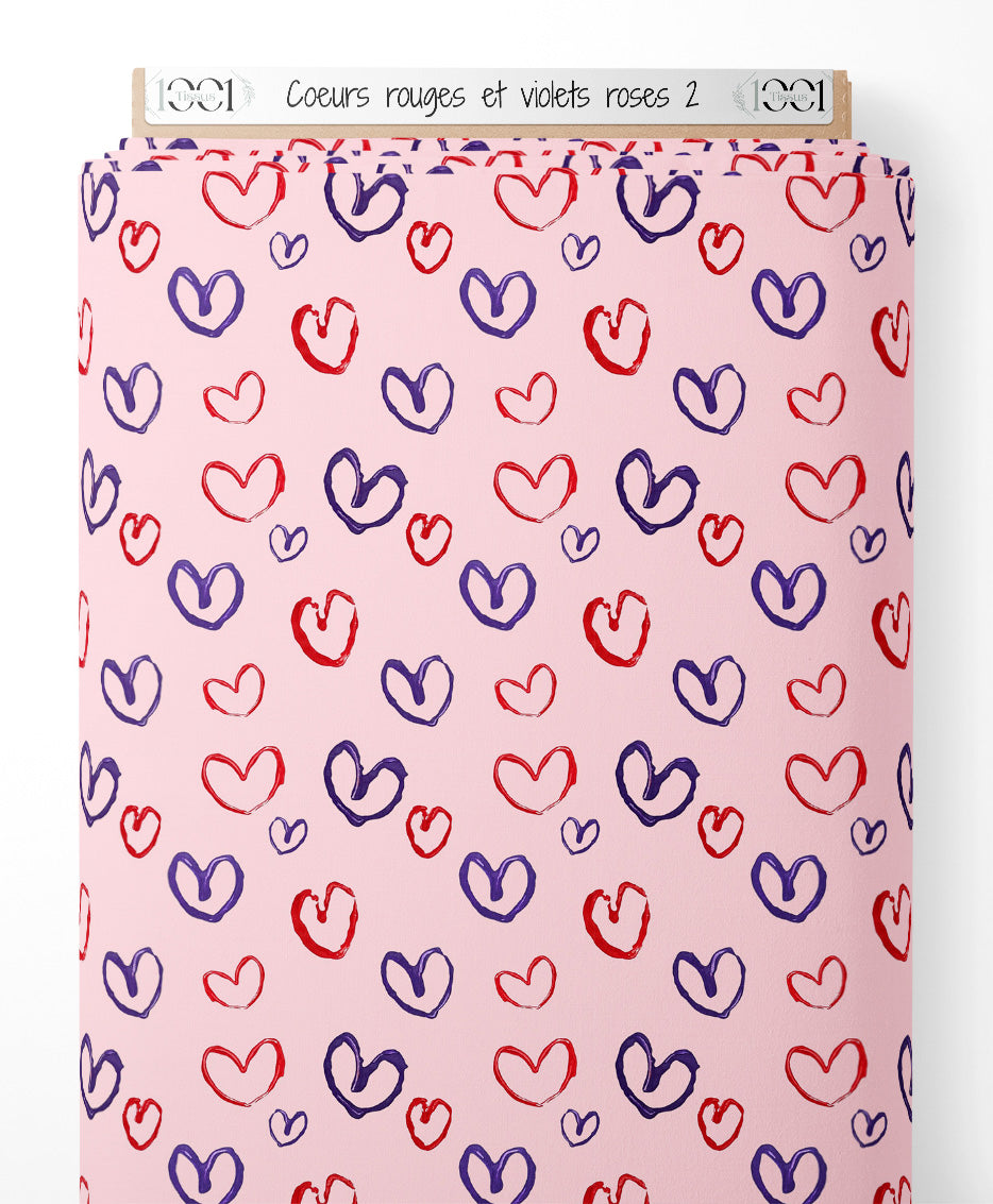 Tissu - Cœurs rouges et violets roses 2