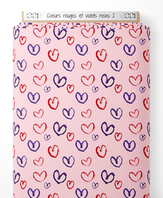 Tissu - Cœurs rouges et violets roses 2