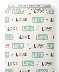 Tissu - Love vert et brun sur blanc