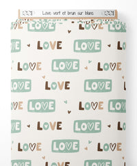 Tissu - Love vert et brun sur blanc