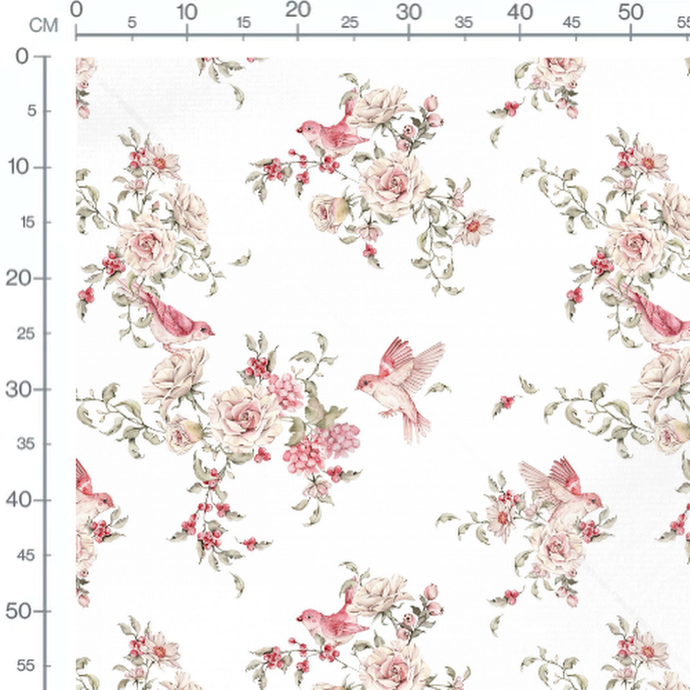 Tissu - Oiseaux roses et fleurs roses