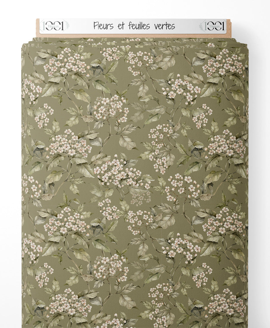 Tissu - Fleurs et feuilles vertes
