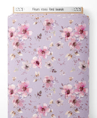 Tissu - Fleurs roses sur fond lavande
