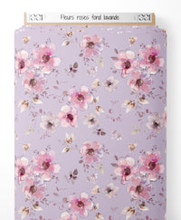 Tissu - Fleurs roses sur fond lavande