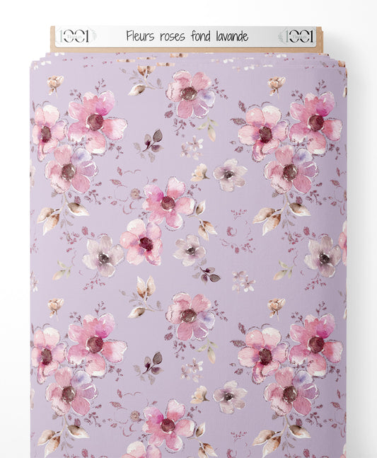 Tissu - Fleurs roses sur fond lavande