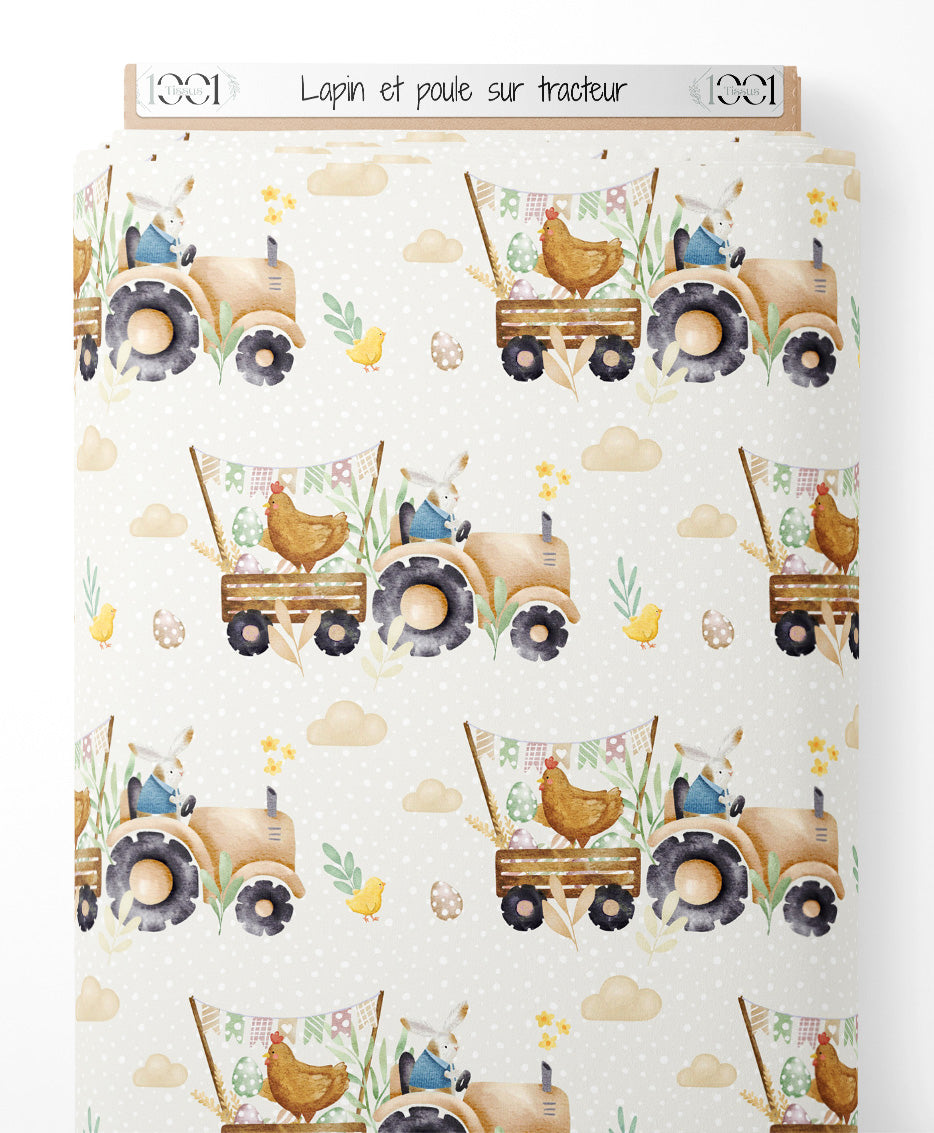 Tissu - Lapin et poule sur tracteur