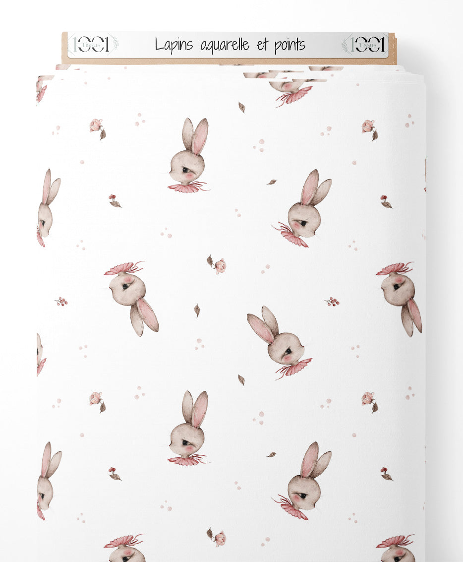 Tissu - Lapins aquarelle et points