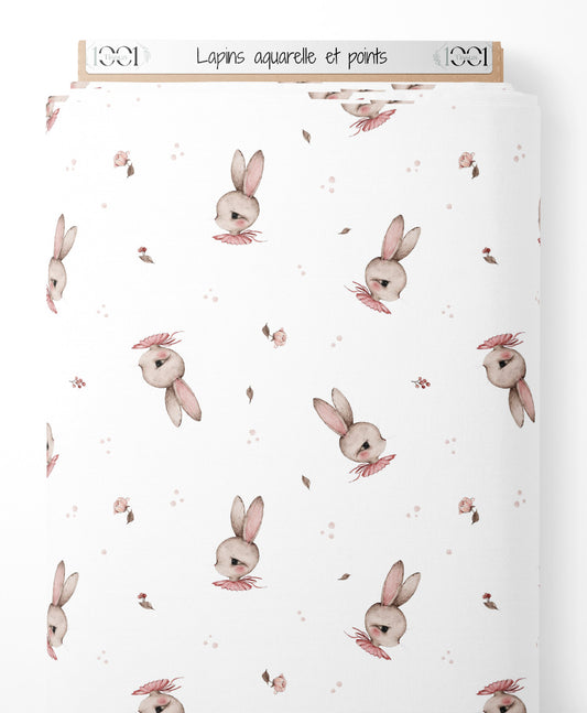 Tissu - Lapins aquarelle et points