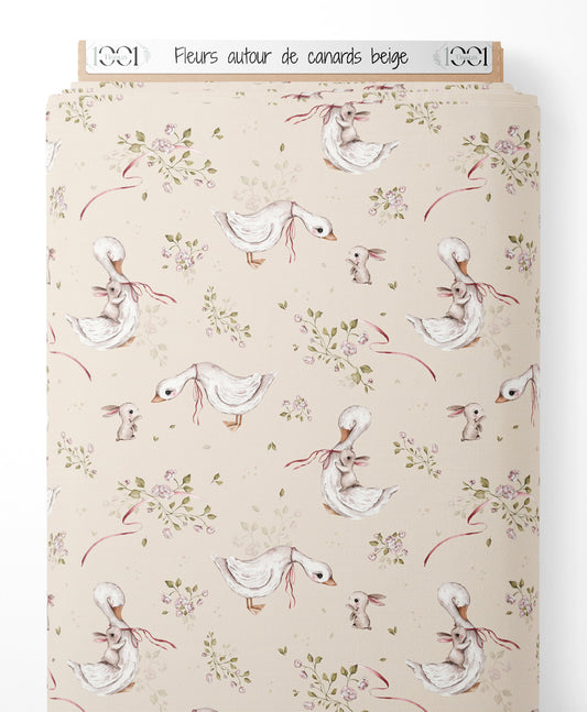 Tissu - Fleurs autour de canards beige