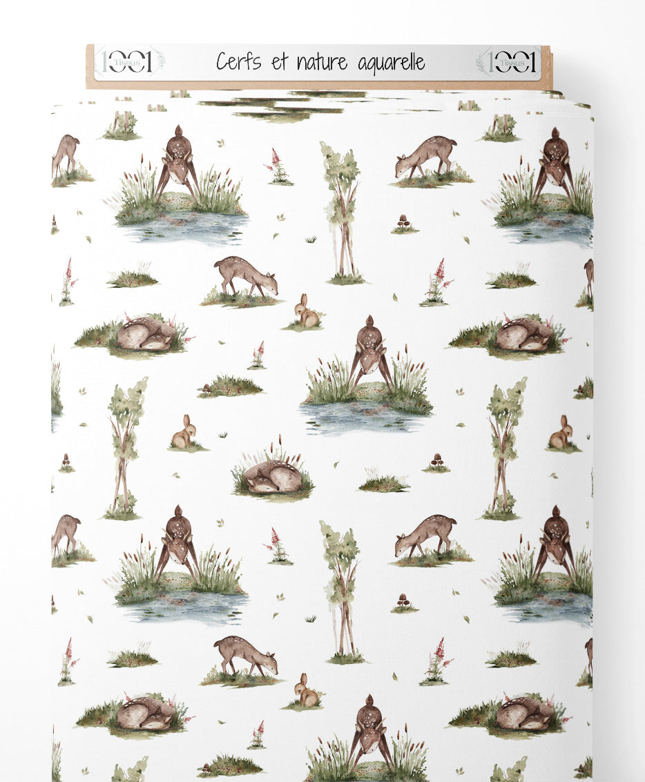 Tissu - Cerfs et nature aquarelle