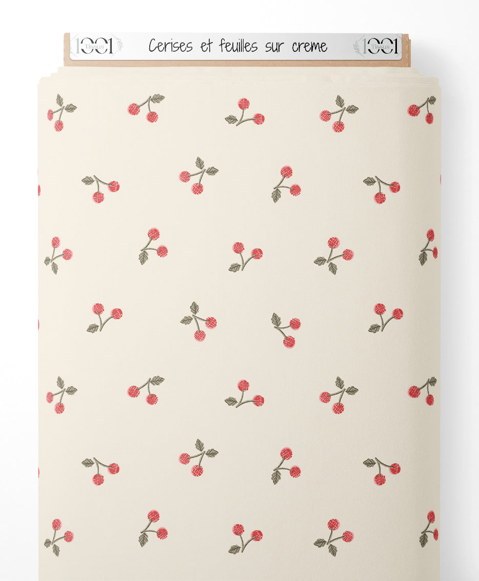 Tissu - Cerises et feuilles sur crème
