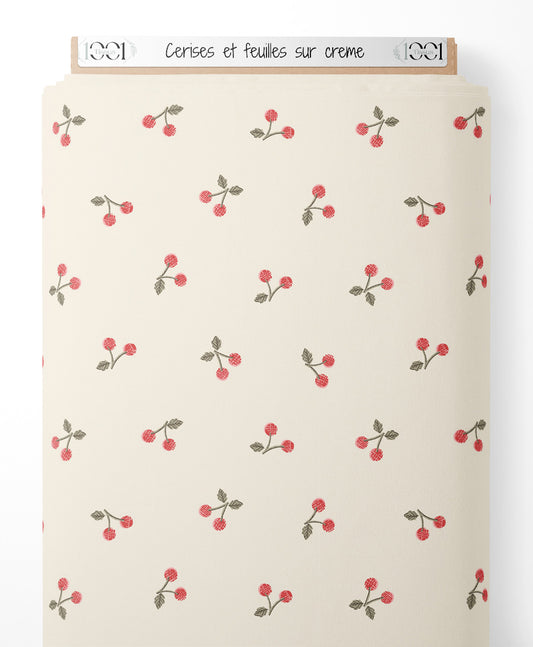 Tissu - Cerises et feuilles sur crème
