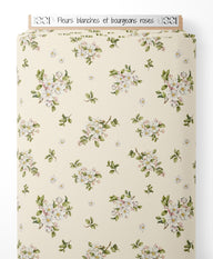 Tissu - Fleurs blanches et bourgeons roses