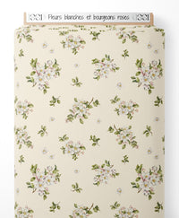 Tissu - Fleurs blanches et bourgeons roses
