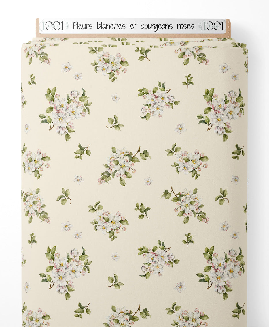 Tissu - Fleurs blanches et bourgeons roses