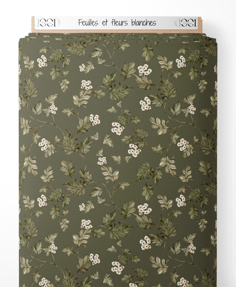 Tissu - Feuilles et fleurs blanches