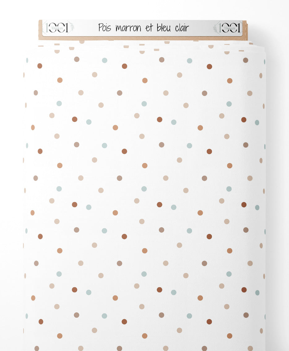 Tissu - Pois marron et bleu clair