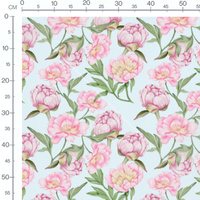 Tissu - Pivoines roses sur fond bleu