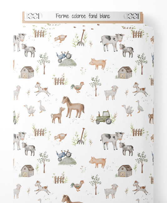 Tissu - Ferme colorée sur fond blanc