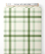 Tissu - Carreaux verts variés crème