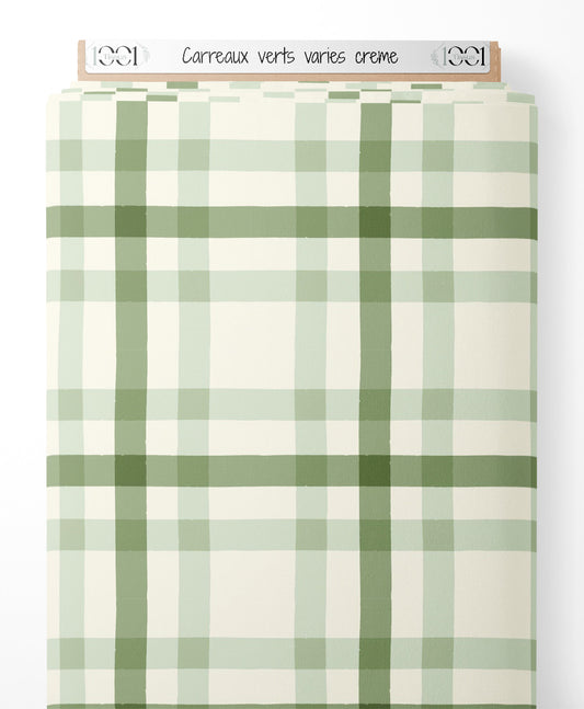 Tissu - Carreaux verts variés crème