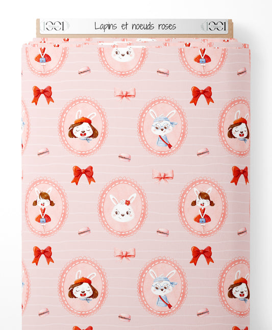 Tissu - Lapins et noeuds roses