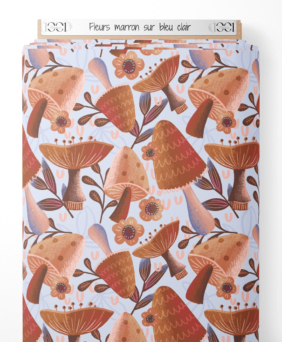 Tissu - Fleurs marron sur bleu clair