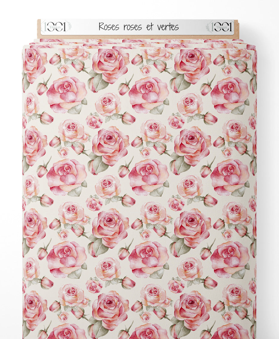 Tissu - Roses roses et vertes