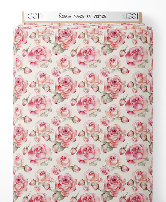 Tissu - Roses roses et vertes