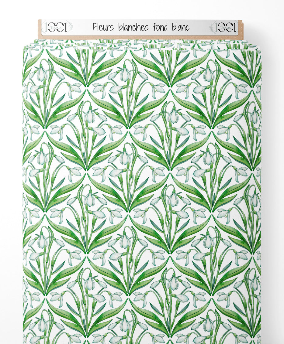Tissu - Fleurs blanches sur fond blanc