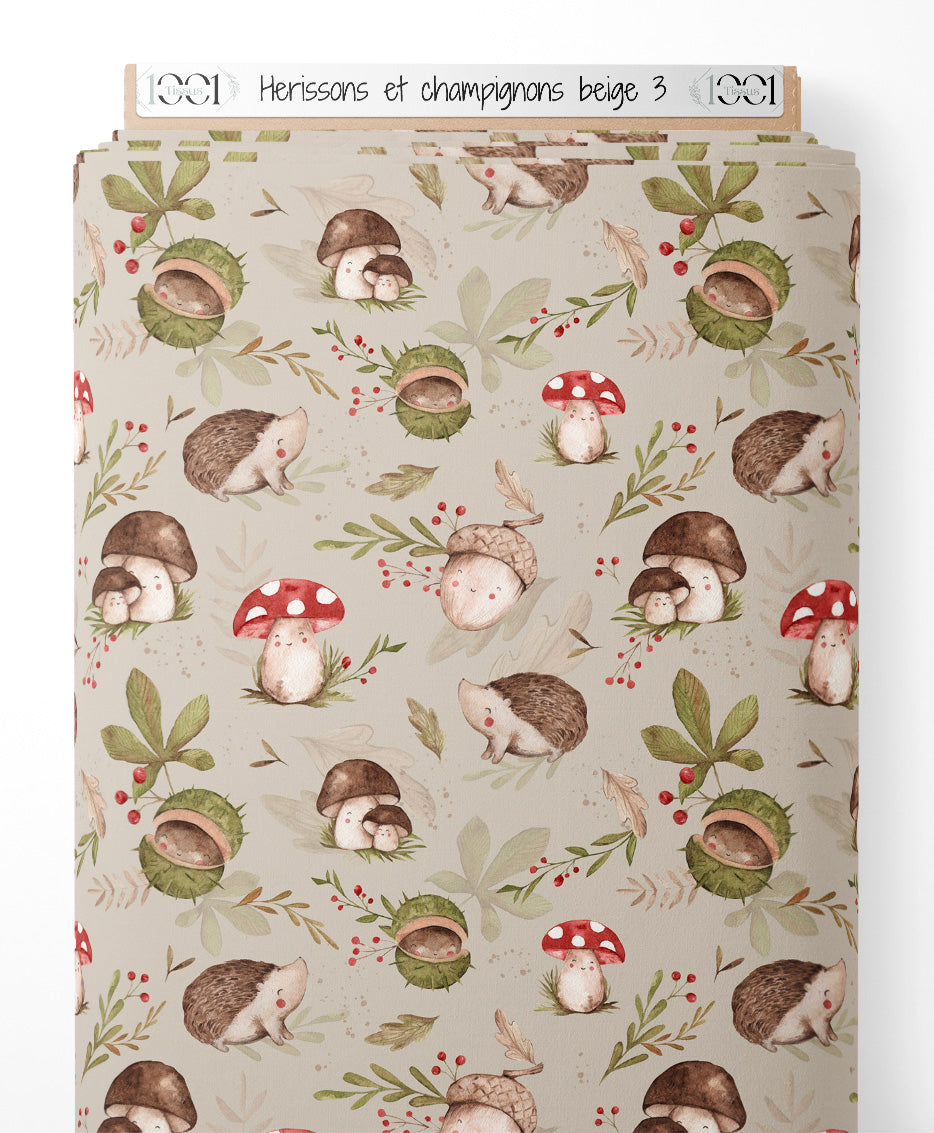 Tissu - Hérissons et champignons beige 3