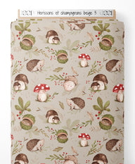 Tissu - Hérissons et champignons beige 3