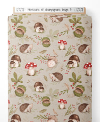 Tissu - Hérissons et champignons beige 3