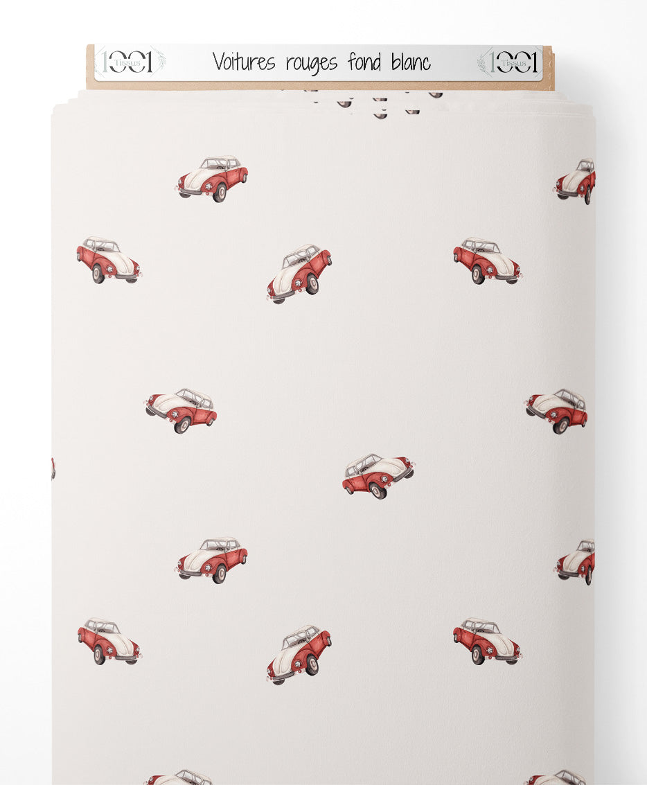 Tissu - Voitures rouges sur fond blanc