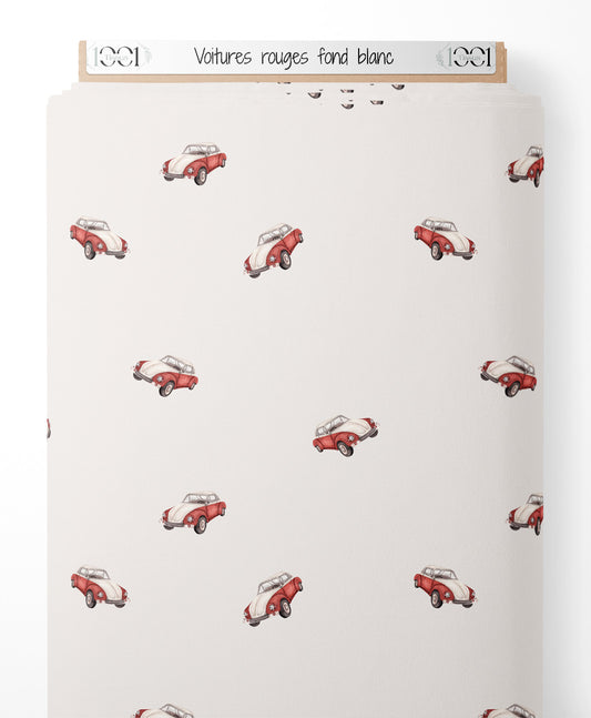 Tissu - Voitures rouges sur fond blanc