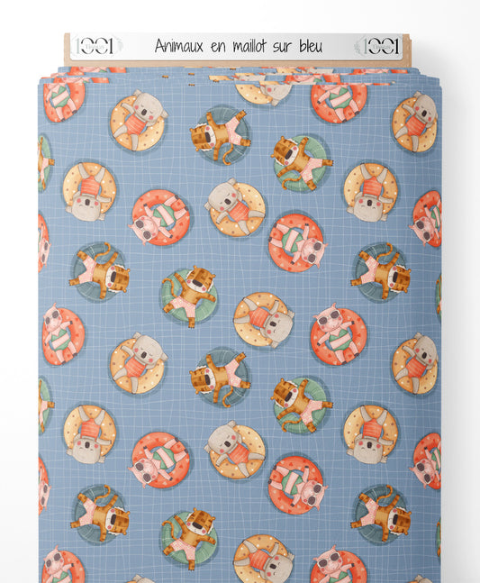 Tissu - Animaux en maillot sur bleu