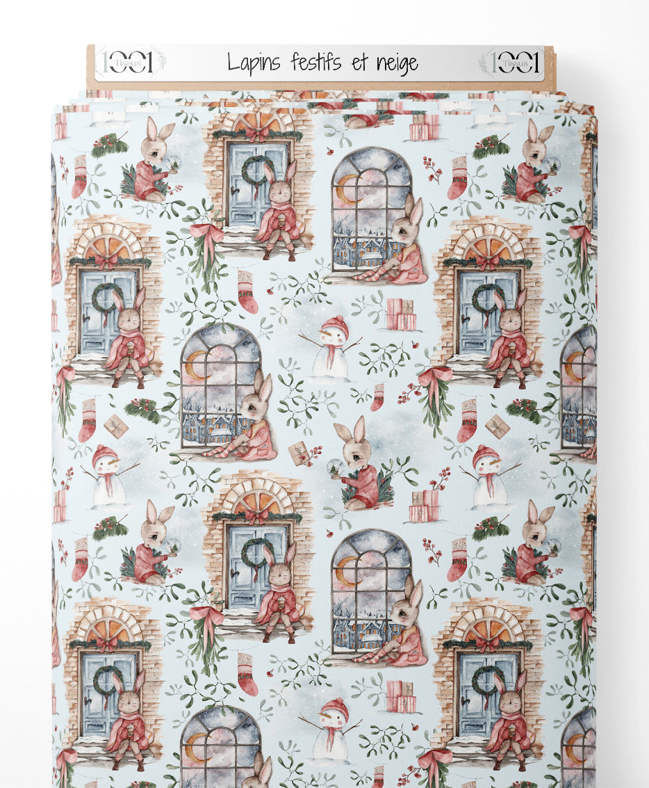 Tissu - Lapins festifs et neige