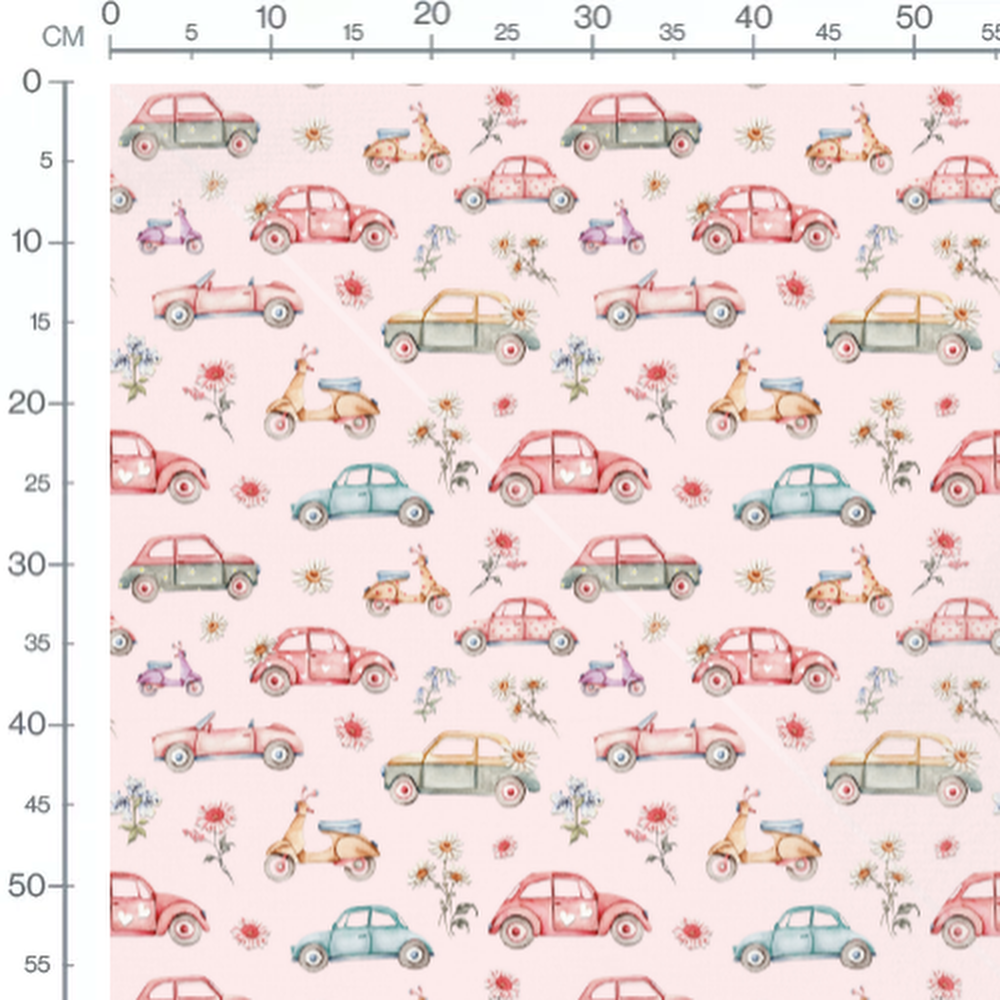 Tissu - Voitures colorées sur rose