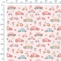 Tissu - Voitures colorées sur rose