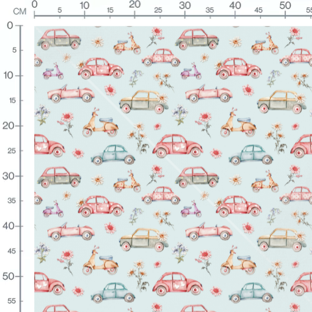 Tissu - Véhicules et fleurs pastel