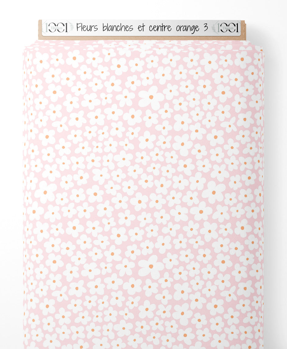 Tissu - Fleurs blanches et centre orange 3