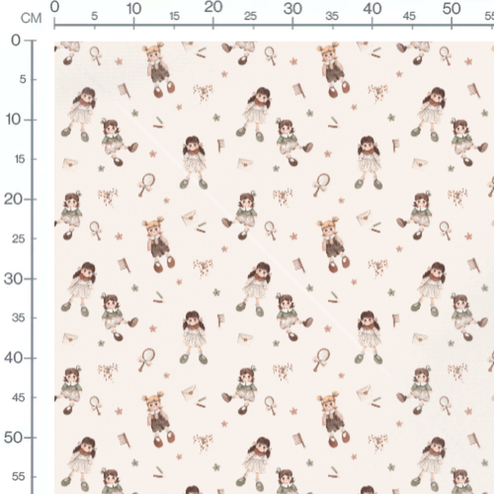 Tissu - Poupées rétro et fleurs crème