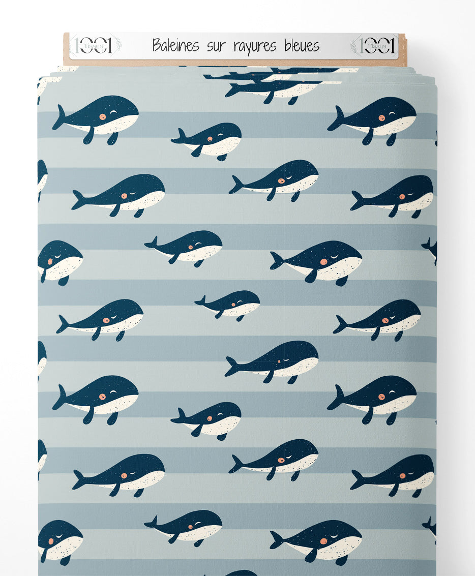 Tissu - Baleines sur rayures bleues