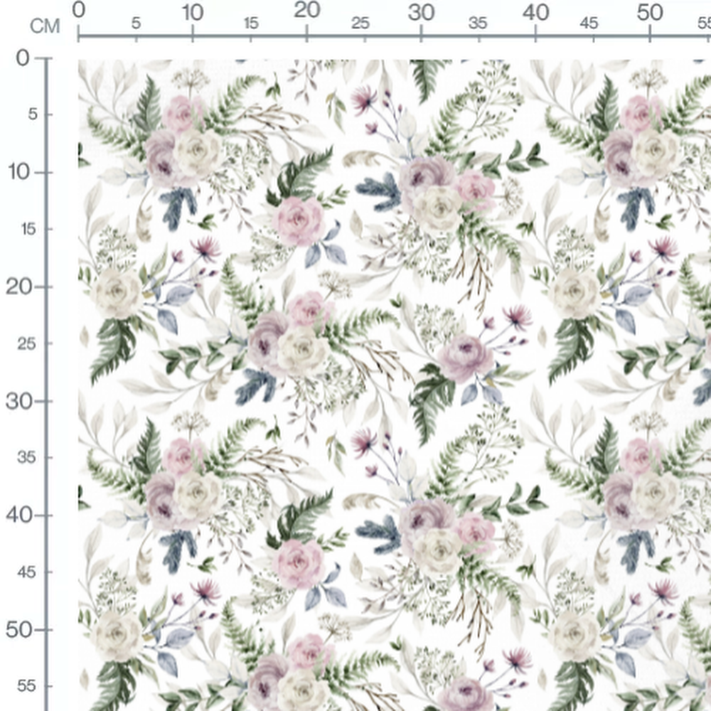 Tissu - Roses blanches et violettes