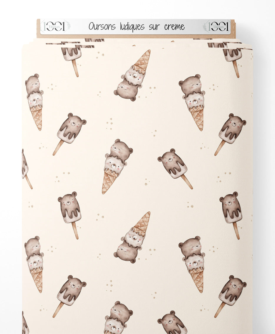 Tissu - Oursons ludiques sur crème